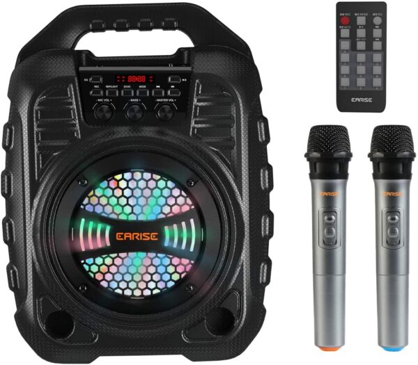 Máquina de karaoke con 2 micrófonos inalámbricos, sistema PA portátil Bluetooth altavoz PA con luces LED, grabación de audio, radio FM, control remoto, compatible con tarjeta TF/USB/AUX - Imagen 9