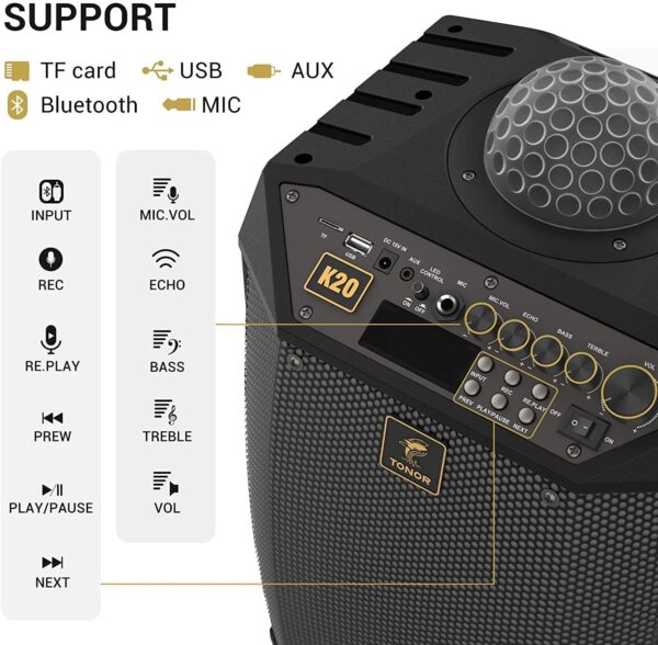 Máquina de karaoke inalámbrica, TONOR Bluetooth PA sistema portátil altavoz de canto con micrófonos inalámbricos duales, bola de discoteca para el hogar karaoke, fiesta, clase y iglesia (K20) - Imagen 2