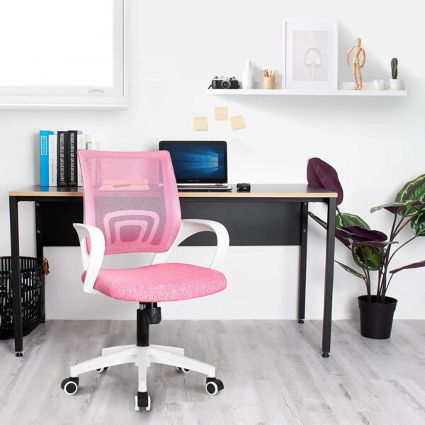 Silla de oficina de NEO Silla de escritorio de computadora para juegos – Cojín ergonómico de espalda media, soporte lumbar, con ruedas, cómodo asiento de carreras de malla azul, ajustable, giratorio, para el hogar, estilo ejecutivo - Imagen 5