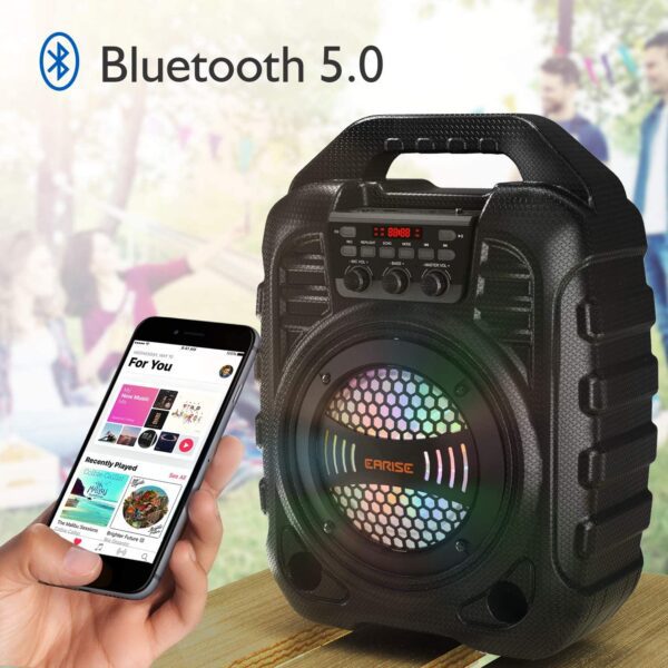 Máquina de karaoke con 2 micrófonos inalámbricos, sistema PA portátil Bluetooth altavoz PA con luces LED, grabación de audio, radio FM, control remoto, compatible con tarjeta TF/USB/AUX - Imagen 5