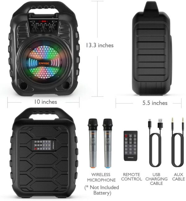 Máquina de karaoke con 2 micrófonos inalámbricos, sistema PA portátil Bluetooth altavoz PA con luces LED, grabación de audio, radio FM, control remoto, compatible con tarjeta TF/USB/AUX - Imagen 6