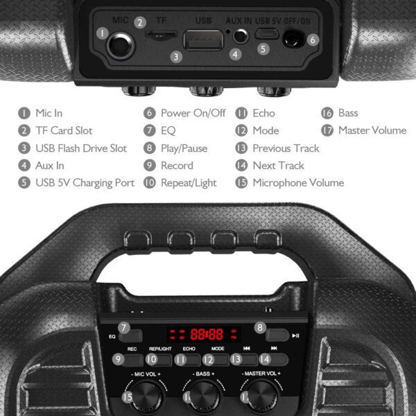 Máquina de karaoke con 2 micrófonos inalámbricos, sistema PA portátil Bluetooth altavoz PA con luces LED, grabación de audio, radio FM, control remoto, compatible con tarjeta TF/USB/AUX - Imagen 7