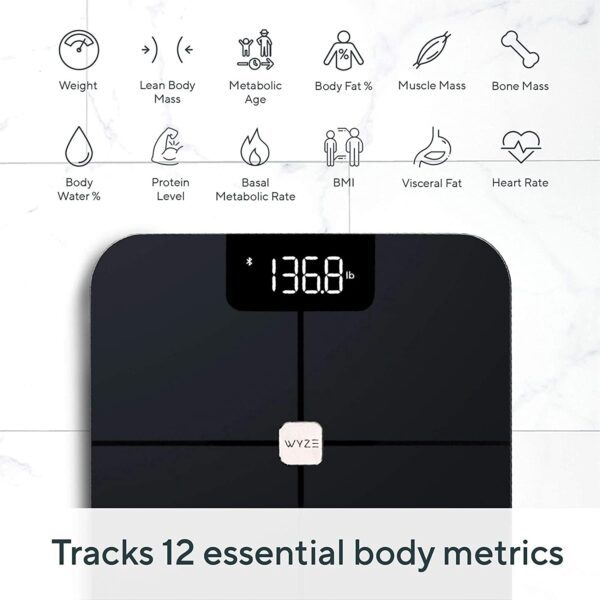 Báscula Wyze, báscula de grasa corporal Bluetooth y composición del peso corporal BMI Smart Scale, pantalla digital, monitor de ritmo cardíaco, rastreador de porcentaje de grasa corporal inalámbrico, analizar con aplicación para smartphone, negro - Imagen 6