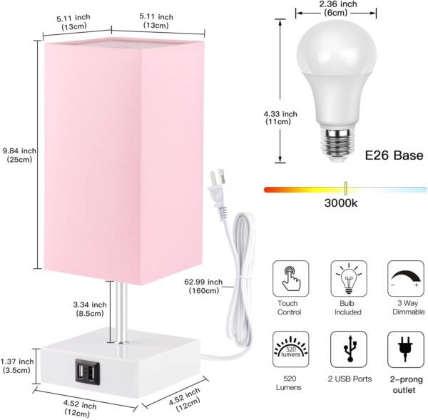 Lámpara de noche con puerto USB, 3 modos de control táctil regulable, lámpara de mesita de noche rosa, lámpara de mesa pequeña moderna para niñas, dormitorio, sala de estar, oficina, bombilla LED incluida (1 paquete) - Imagen 4