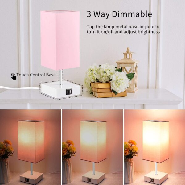 Lámpara de noche con puerto USB, 3 modos de control táctil regulable, lámpara de mesita de noche rosa, lámpara de mesa pequeña moderna para niñas, dormitorio, sala de estar, oficina, bombilla LED incluida (1 paquete) - Imagen 12