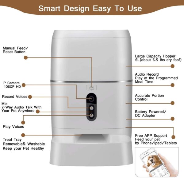 Dispensador - LeeKooLuu Q01 HD 1080P Camera WiFi Smart Feeder 6L Automatic Cat Feeder Automatic Dog Feeder Timer Programmable Voice and Video Recording Enabled App for iPhone and Android Compatible with Alexa - Imagen 6