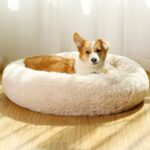 Cama para perros medianos con piel vegana y cómoda para perros medianos, muy suave, lavable, para mascotas, gatos, cama redonda, mullida, 26.0 in, color beige - Imagen 6