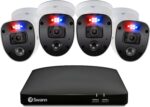 Swann SWDVK-846804SL - Sistema de seguridad DVR de 8 canales y 4 cámaras, con cable de vigilancia 4K HD DVR + disco duro de 1 TB, captura de audio, visión nocturna a color, luz de estrellas con sensor de calor y movimiento, Alexa + Google