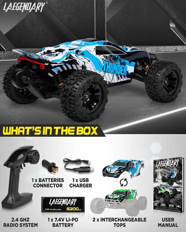 Carro Control RC 1:10 Scale Brushless RC Cars 65+ km/h Speed - Boys Remote Control Car 4x4 Off Road Monster Truck Electric - All Terrain Waterproof Toys for Kids and Adults -2 Body Shells + Connector for 30+ Mins Play - Imagen 2