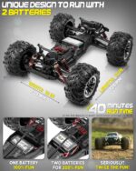 Carro Control RC, grande, escala 1:10, más de 50 km por hora de velocidad, 4x4 todoterreno, camiones monstruo eléctricos, camiones impermeables, 2 baterías y 1 conector para más de 40 minutos de juego, para niños y adultos - Imagen 6