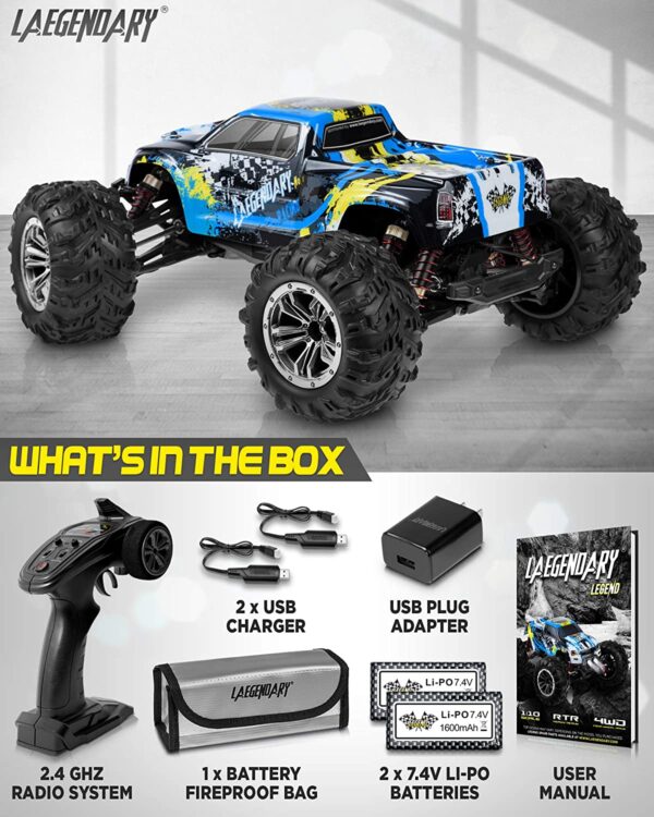 Carro Control RC, grande, escala 1:10, más de 50 km por hora de velocidad, 4x4 todoterreno, camiones monstruo eléctricos, camiones impermeables, 2 baterías y 1 conector para más de 40 minutos de juego, para niños y adultos - Imagen 5