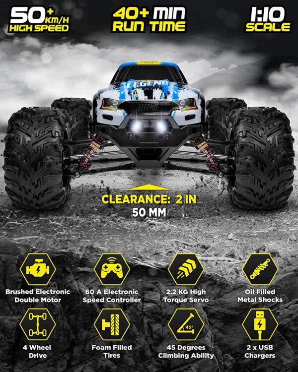 Carro Control RC, grande, escala 1:10, más de 50 km por hora de velocidad, 4x4 todoterreno, camiones monstruo eléctricos, camiones impermeables, 2 baterías y 1 conector para más de 40 minutos de juego, para niños y adultos - Imagen 4