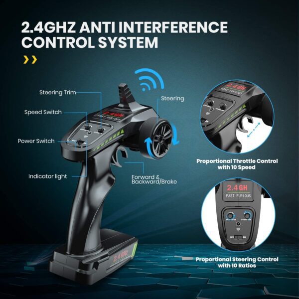 Carro Control RC - Holyton Coches a control remoto a escala 1:10 a control remoto de 48+ KM/H de alta velocidad 40+ min Play, 4WD todo terreno, monstruo camión todoterreno para adultos y niños, vehículo de camión a control remoto, 2 baterías de juguete de regalo para niños - Imagen 4