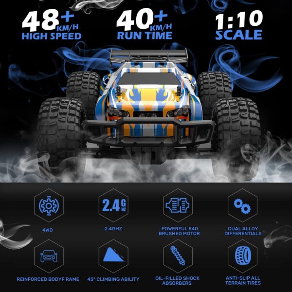 Carro Control RC - Holyton Coches a control remoto a escala 1:10 a control remoto de 48+ KM/H de alta velocidad 40+ min Play, 4WD todo terreno, monstruo camión todoterreno para adultos y niños, vehículo de camión a control remoto, 2 baterías de juguete de regalo para niños - Imagen 7