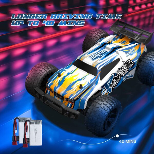 Carro Control RC - Holyton Coches a control remoto a escala 1:10 a control remoto de 48+ KM/H de alta velocidad 40+ min Play, 4WD todo terreno, monstruo camión todoterreno para adultos y niños, vehículo de camión a control remoto, 2 baterías de juguete de regalo para niños - Imagen 8
