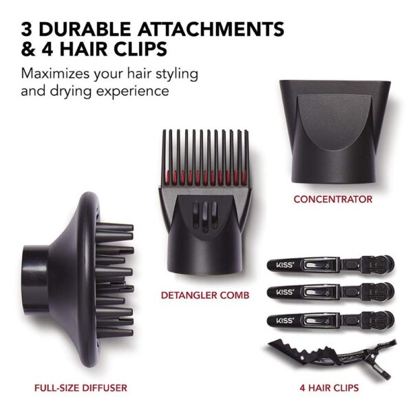 KISS Secador de pelo de cerámica de turmalina profesional de 1875 W, 3 ajustes de calor, interruptor deslizante de 2 velocidades, botón de disparo frío, 2 peines desenredantes, 1 concentrador, 1 difusor, tapa de filtro extraíble y 4 clips de seccionamiento - Imagen 4