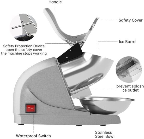Máquina de raspado de hielo eléctrica para evitar salpicaduras, máquina de hielo afeitada de acero inoxidable, de tres cuchillas, trituradoras de hielo domésticas y comerciales (plata) - Imagen 4