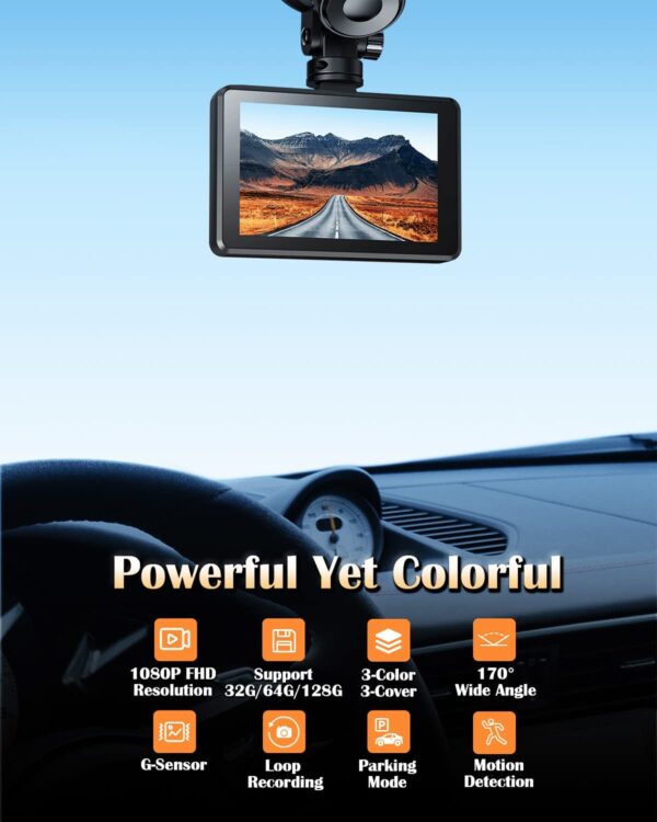 Cámara de salpicadero Full HD 1080P con 3 cubiertas coloridas, cámara de salpicadero de coche, cámara de control de visión nocturna de 170° gran angular para coches, DVR de coche con sensor WDR/G, detección de movimiento/modo de estacionamiento - Imagen 6