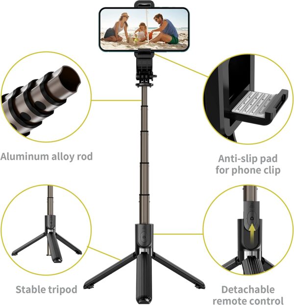Selfie Stick de aleación de aluminio con control remoto inalámbrico desmontable y mini trípode para selfie Stick para iPhone 13 12 11 Pro Xs Max Xr X 8 7 6 Plus, Android Samsung Smartphonei, más - Imagen 3