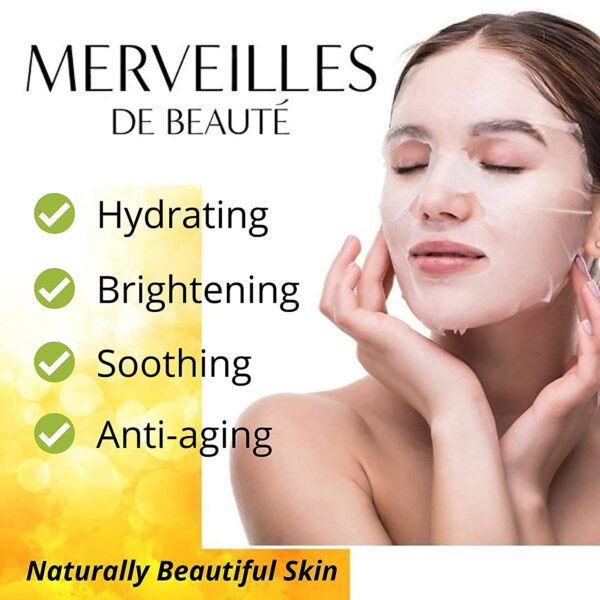 Hoja de mascarilla facial de colágeno con ácido hialurónico y té verde, Merveilles mascarilla facial de colágeno antienvejecimiento hidratante para mujeres, cuidado de la piel, mascarilla hidratante profunda - Imagen 2