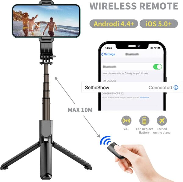 Selfie Stick de aleación de aluminio con control remoto inalámbrico desmontable y mini trípode para selfie Stick para iPhone 13 12 11 Pro Xs Max Xr X 8 7 6 Plus, Android Samsung Smartphonei, más - Imagen 5