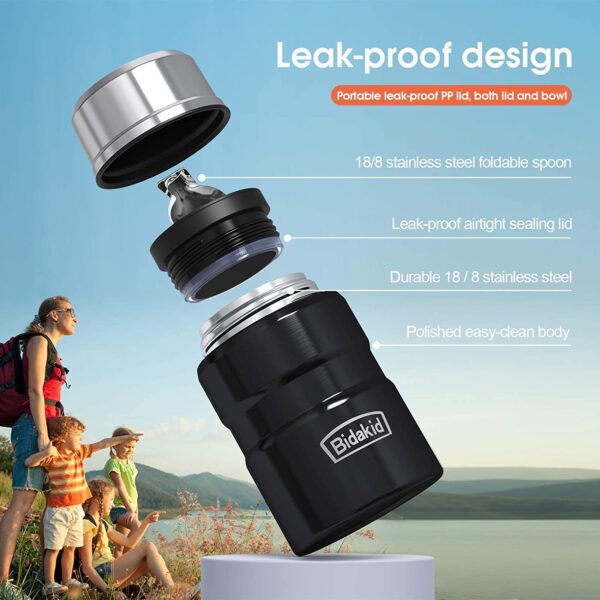 Thermoses para alimentos calientes, (Bidakid), paquete de 2 frascos aislados para alimentos calientes, termos de sopa, recipientes para almuerzo para alimentos fríos calientes con tapa y cuchara plegable para niños y adultos (25.4 oz + 17 oz) - Imagen 6