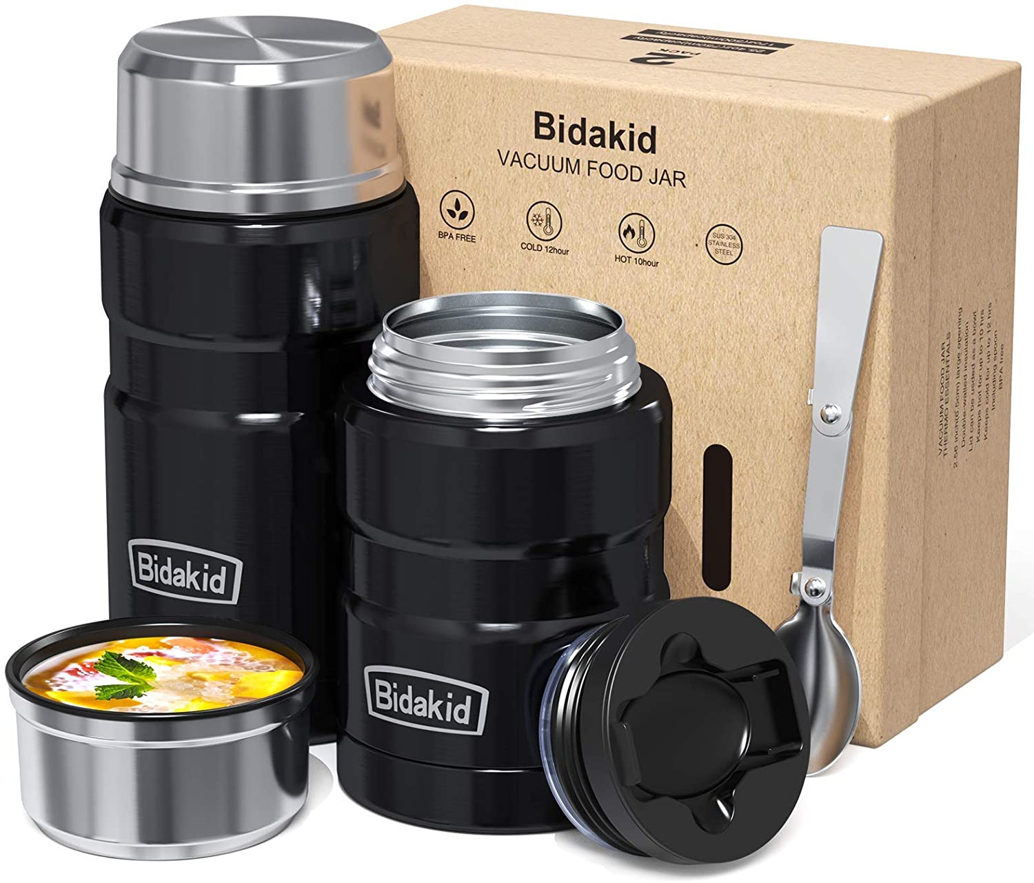 71aQOlAWD6L._AC_SL1500_ Thermoses para alimentos calientes, (Bidakid), paquete de 2 frascos aislados para alimentos calientes, termos de sopa, recipientes para almuerzo para alimentos fríos calientes con tapa y cuchara plegable para niños y adultos (25.4 oz + 17 oz) - Imagen 1