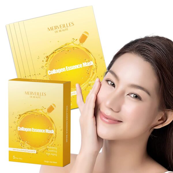 Hoja de mascarilla facial de colágeno con ácido hialurónico y té verde, Merveilles mascarilla facial de colágeno antienvejecimiento hidratante para mujeres, cuidado de la piel, mascarilla hidratante profunda - Imagen 7