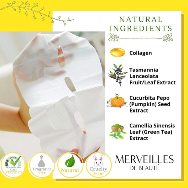 Hoja de mascarilla facial de colágeno con ácido hialurónico y té verde, Merveilles mascarilla facial de colágeno antienvejecimiento hidratante para mujeres, cuidado de la piel, mascarilla hidratante profunda - Imagen 5