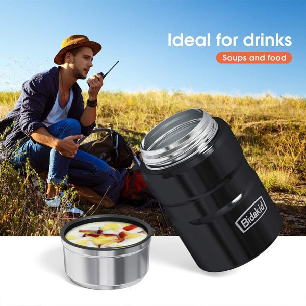 Thermoses para alimentos calientes, (Bidakid), paquete de 2 frascos aislados para alimentos calientes, termos de sopa, recipientes para almuerzo para alimentos fríos calientes con tapa y cuchara plegable para niños y adultos (25.4 oz + 17 oz) - Imagen 2