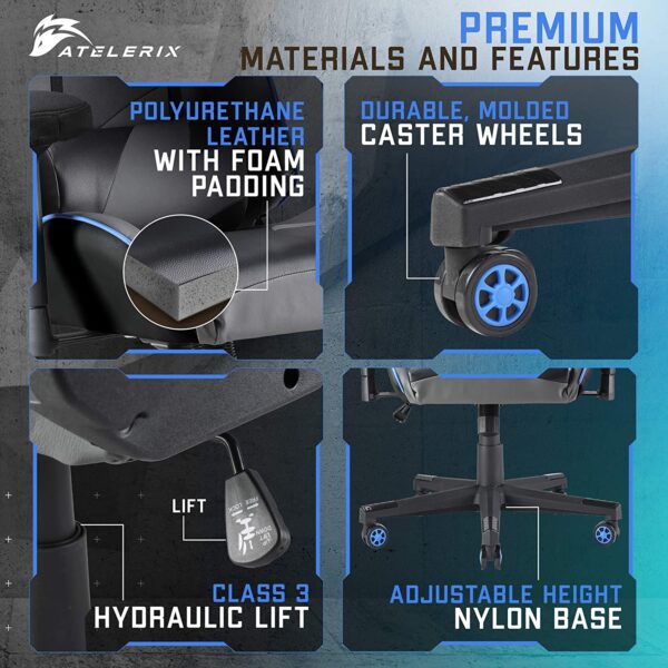 Silla Gamer Atelerix Ventris - Silla de juego de piel sintética, tela y opciones extra anchas - Silla de oficina o computadora - Silla de juego giratoria ajustable y ergonómica con reposabrazos cubiertos 4D, reposacabezas y soporte lumbar - Imagen 5