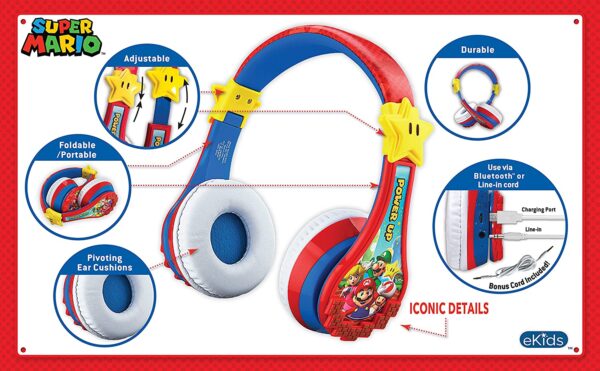 Super Mario Auriculares inalámbricos Bluetooth portátiles con micrófono, reducción de volumen para proteger la audición de la batería recargable, diadema ajustable para niños para la escuela, el hogar o viajes - Imagen 6
