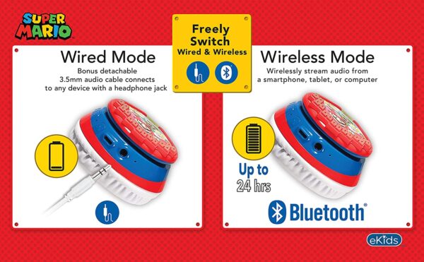 Super Mario Auriculares inalámbricos Bluetooth portátiles con micrófono, reducción de volumen para proteger la audición de la batería recargable, diadema ajustable para niños para la escuela, el hogar o viajes - Imagen 7