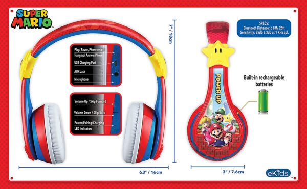 Super Mario Auriculares inalámbricos Bluetooth portátiles con micrófono, reducción de volumen para proteger la audición de la batería recargable, diadema ajustable para niños para la escuela, el hogar o viajes - Imagen 8