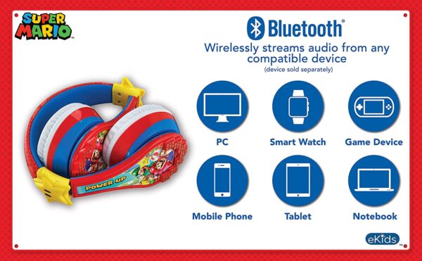 Super Mario Auriculares inalámbricos Bluetooth portátiles con micrófono, reducción de volumen para proteger la audición de la batería recargable, diadema ajustable para niños para la escuela, el hogar o viajes - Imagen 5