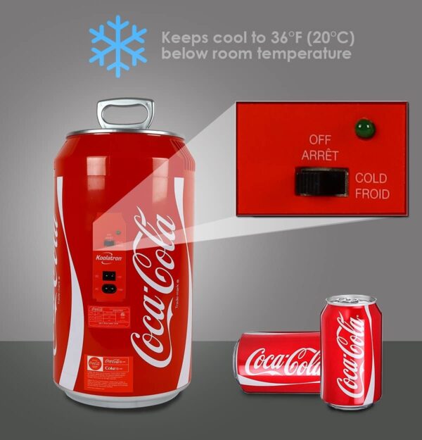 Coca-Cola - Mini refrigerador portátil de 12 latas con cables de 12 V CC y 110 V CA, enfriador personal con forma de lata de 10.6 cuartos de galón, rojo, refrigerador de viaje para bebidas, aperitivos, almuerzo, hogar, oficina, dormitorio, caravana - Imagen 5