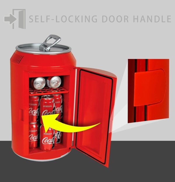 Coca-Cola - Mini refrigerador portátil de 12 latas con cables de 12 V CC y 110 V CA, enfriador personal con forma de lata de 10.6 cuartos de galón, rojo, refrigerador de viaje para bebidas, aperitivos, almuerzo, hogar, oficina, dormitorio, caravana - Imagen 6