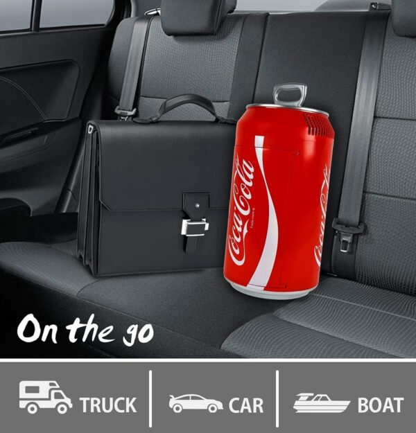 Coca-Cola - Mini refrigerador portátil de 12 latas con cables de 12 V CC y 110 V CA, enfriador personal con forma de lata de 10.6 cuartos de galón, rojo, refrigerador de viaje para bebidas, aperitivos, almuerzo, hogar, oficina, dormitorio, caravana - Imagen 2