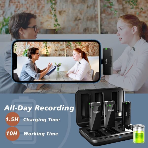 Micrófono inalámbrico Lavalier para iPhone, micrófono de solapa Plug & Play con funda de carga y 2 transmisores de micrófono con clip de 393.7 ft de rango de transmisión para grabación de video, entrevista YouTube TikTok - Imagen 7