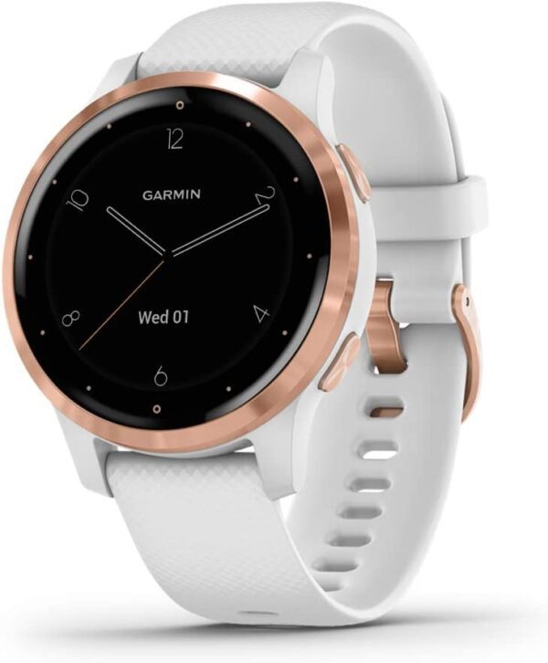 Garmin 010-02172-21 Vivoactive 4S, reloj inteligente GPS de tamaño más pequeño, cuenta con música, monitoreo de energía corporal, entrenamientos animados, sensores de pulso buey, oro rosa con banda blanca, 1.575 in - Imagen 4