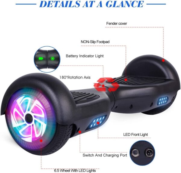 Hoverboard - Hoverboard de 6.5 pulgadas luces LED intermitentes, tabla para niños y adolescentes - Imagen 2