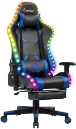 Silla Gamer - Goplus Silla de masaje para juegos con luz RGB, respaldo reclinable, pasamanos y ajuste de altura del asiento, silla de oficina con reposapiés, silla ergonómica de PU giratoria de respaldo alto