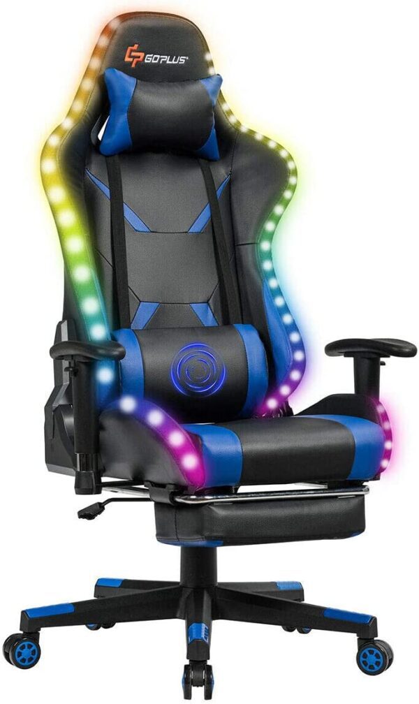 Silla Gamer - Goplus Silla de masaje para juegos con luz RGB, respaldo reclinable, pasamanos y ajuste de altura del asiento, silla de oficina con reposapiés, silla ergonómica de PU giratoria de respaldo alto - Imagen 3