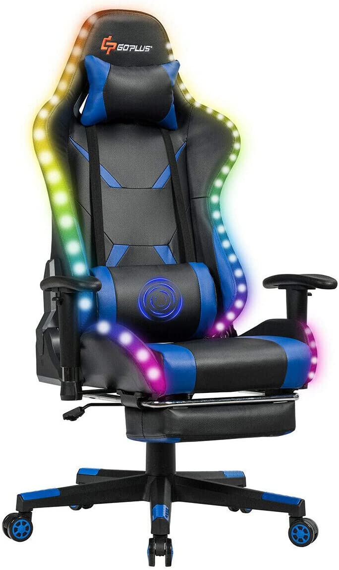 619bDYdMsHL._AC_SL1200_ Silla Gamer - Goplus Silla de masaje para juegos con luz RGB, respaldo reclinable, pasamanos y ajuste de altura del asiento, silla de oficina con reposapiés, silla ergonómica de PU giratoria de respaldo alto - Imagen 1
