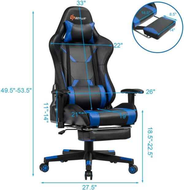 Silla Gamer - Goplus Silla de masaje para juegos con luz RGB, respaldo reclinable, pasamanos y ajuste de altura del asiento, silla de oficina con reposapiés, silla ergonómica de PU giratoria de respaldo alto - Imagen 10