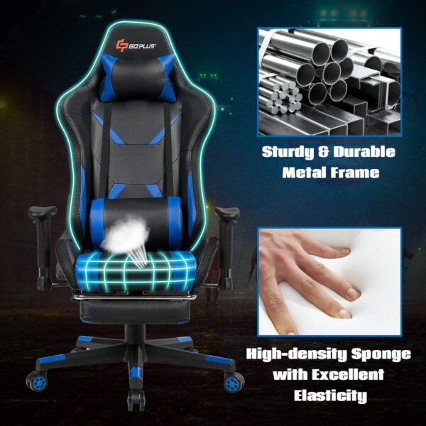 Silla Gamer - Goplus Silla de masaje para juegos con luz RGB, respaldo reclinable, pasamanos y ajuste de altura del asiento, silla de oficina con reposapiés, silla ergonómica de PU giratoria de respaldo alto - Imagen 2