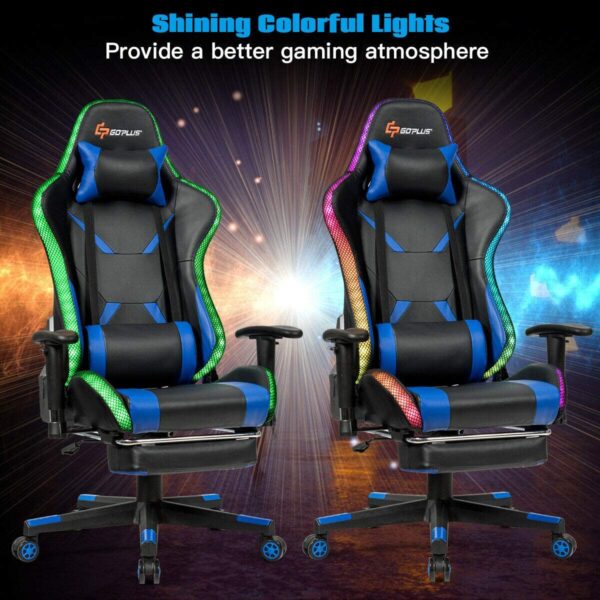 Silla Gamer - Goplus Silla de masaje para juegos con luz RGB, respaldo reclinable, pasamanos y ajuste de altura del asiento, silla de oficina con reposapiés, silla ergonómica de PU giratoria de respaldo alto - Imagen 8