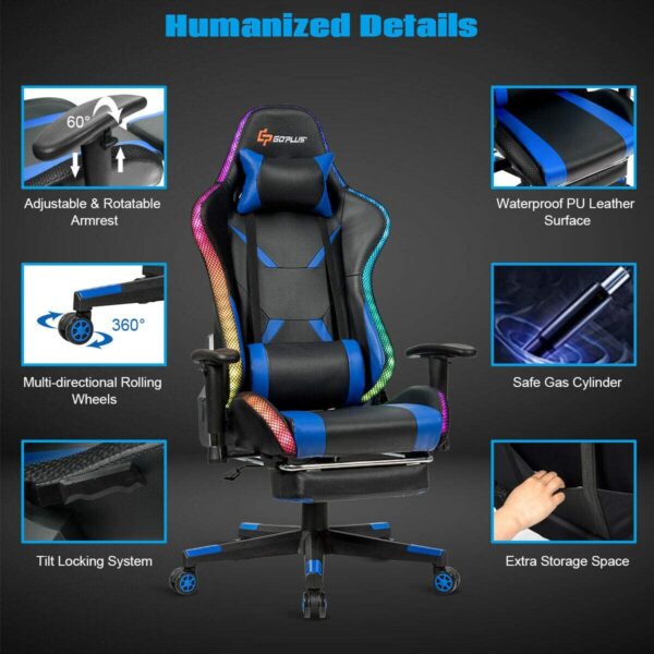 Silla Gamer - Goplus Silla de masaje para juegos con luz RGB, respaldo reclinable, pasamanos y ajuste de altura del asiento, silla de oficina con reposapiés, silla ergonómica de PU giratoria de respaldo alto - Imagen 6