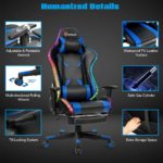 Silla Gamer - Goplus Silla de masaje para juegos con luz RGB, respaldo reclinable, pasamanos y ajuste de altura del asiento, silla de oficina con reposapiés, silla ergonómica de PU giratoria de respaldo alto - Imagen 6