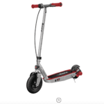 Razor Black Label E100 Electric Scooter – Silver / Red, for Kids Ages 8+ and up to 120 lbs, 8" Pneumatic Front Tire, Up to 10 mph & up to 35 mins of Ride Time, Power Core High-Torque Hub Motor